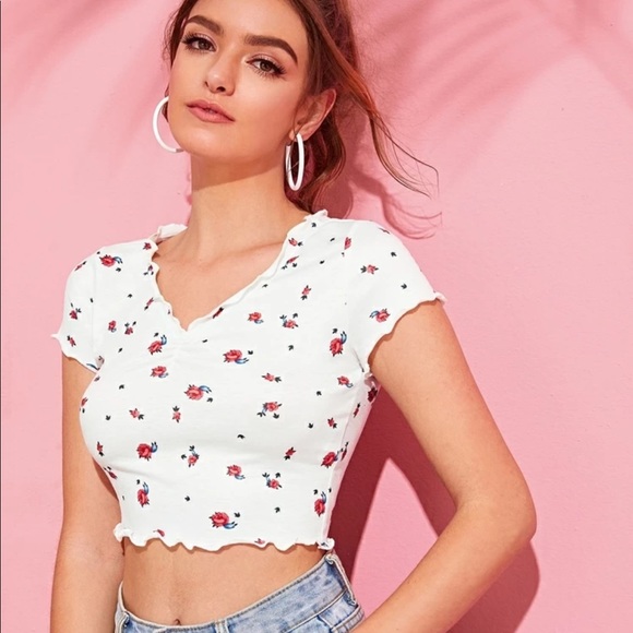 Boutique Tops - 🟢for bundle only 🟢V-neck Lettuce trim Ditsy floral crop top